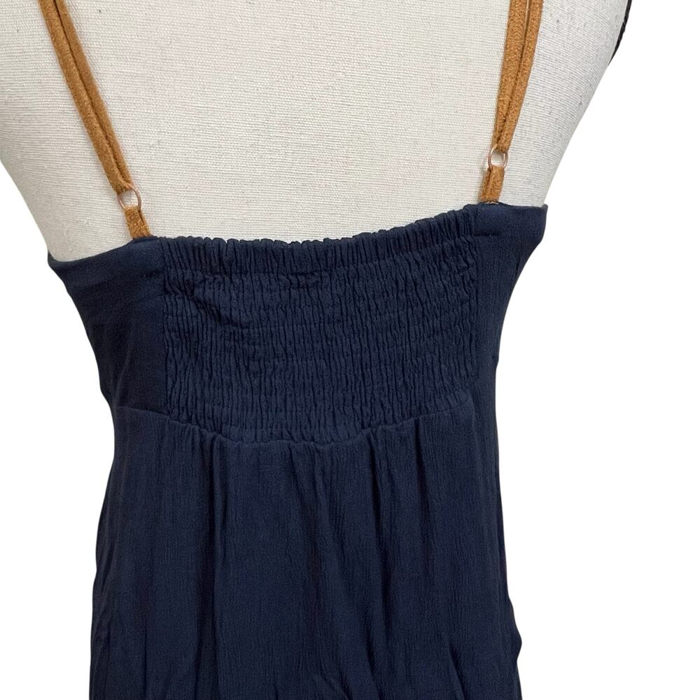 Miss Me Mini Dress L Blue Crochet Lace Empire Waist Flowy Spaghetti Strap - Picture 4 of 12